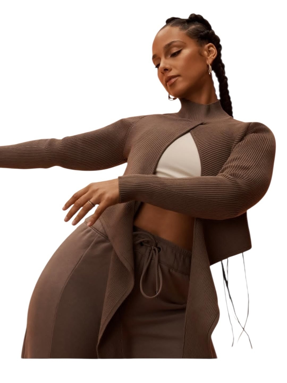Athleta Alicia Keys Ribbed Mock-Neck Sweater in Taupe Size S STRETCHY
